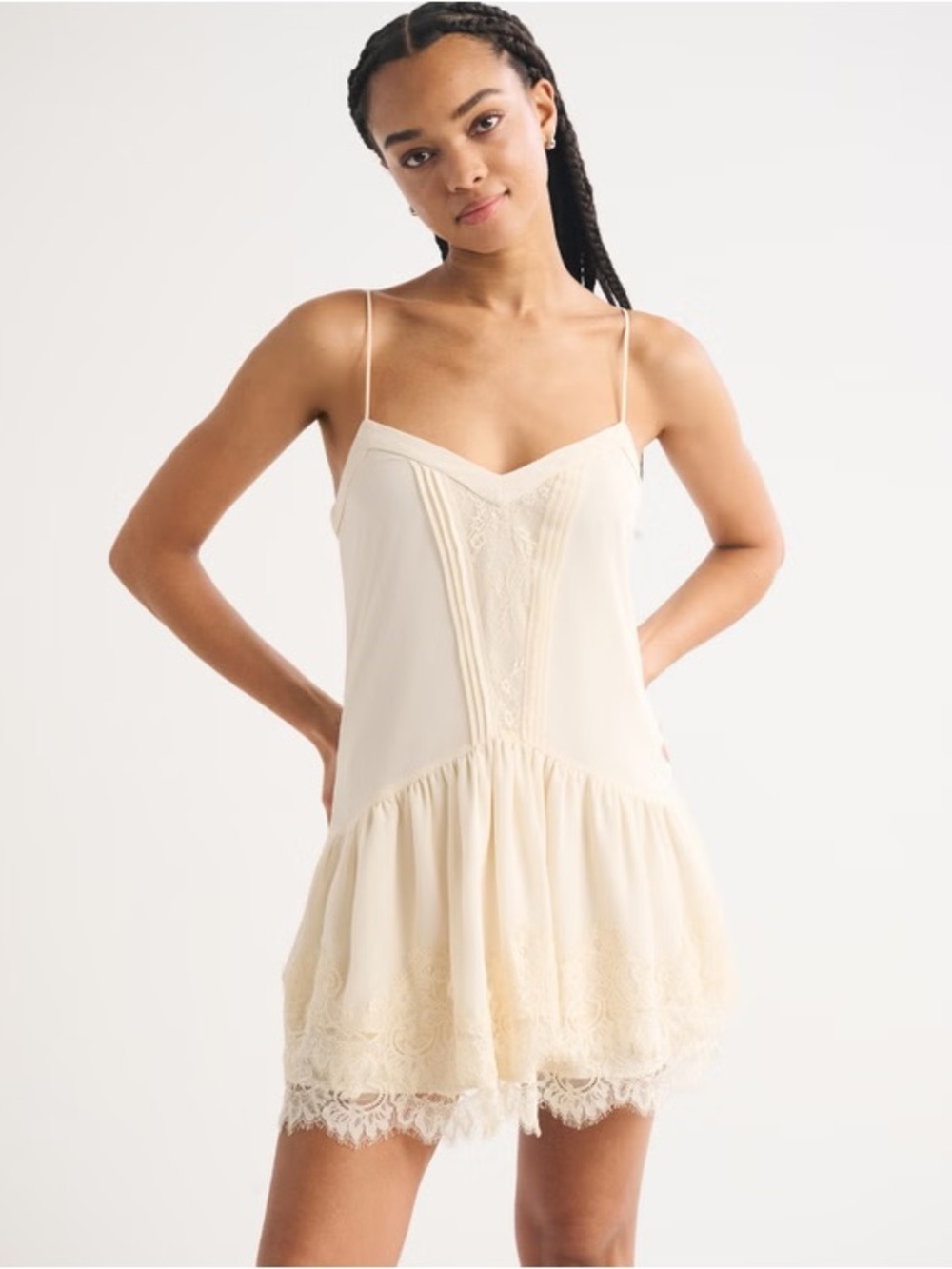 Abercrombie V-Neck Lace Ruffle Drop Waist Mini Dress in Muted Cream